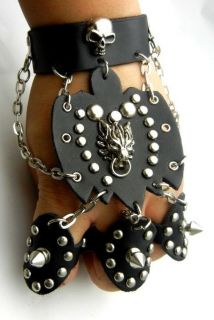   Gothic Angry Wolf Skull Leather Bracelet Wristband 3 Ring TEW307B
