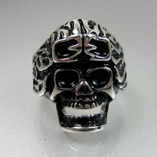   Biker Mens Black Silver Stainless Steel Airman Skull Ring Size 12