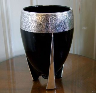   Large 1930s Art Deco Black Vitrolite Glass Overlaid Etched Silver Vase
