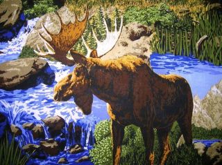 New Moose Fabric BTY Animal Wildlife Woods Stream