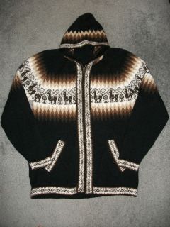 Brand New PERU Soft Alpaca Sweater Jacket Hooded ~ Black & Brown 
