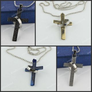 New Mens Stainless Steel Bible Lords Prayer Cross Ring Pendant Chain 