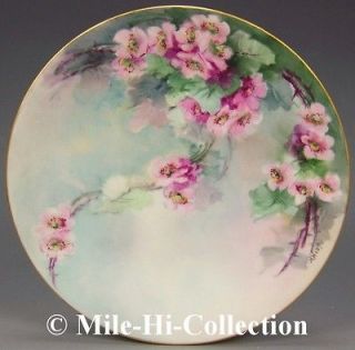 LIMOGES FRANCE HAND PAINTED APPLE BLOSSOMS PLATE ARTIST  M.WEST