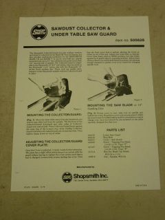 SHOPSMITH SAWDUST COLLECTOR & UNDER TABLE SAW GUARD OWNERS MANUAL 