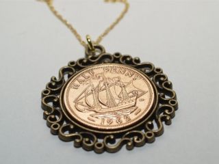 1962 50th T Bronze Scroll Pendant Half Penny Coin + 18in Gold Plated 