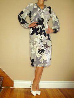 Marina Rinaldi Max Mara Stretch Viscose Jersey Gray Floral Dress MR S 
