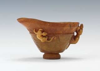 Very Important 18 Century Chinese Carved Horn Libation Cup
