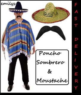 MEXICAN Poncho Sombrero Moustache Bandit Straw Hat Fancy Dress Costume 