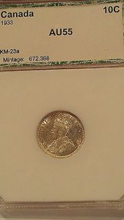BEST DEAL ON  1933 CANADA 10 TEN CENT PCI AU 55 PRIVATE COLLECTION 