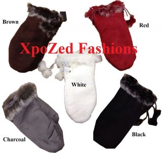 new womens suede mittens with string on side and fur