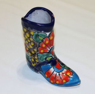Mexican Talavera Western Cowboy Boot Handmade Folk Art Sculpture 