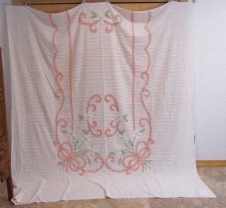 Vintage Chenille Bedspread White Flowers Peach Bows CLASSIC CHIC