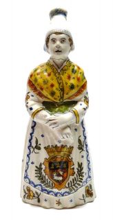 19th Century Rouen French Faience Figural Armorial Dinner Bell with 
