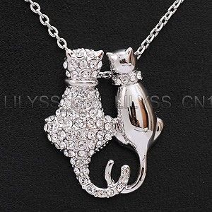   Fashion Cats In Love Necklace Pendant 18K GP use Swarovski Crystal