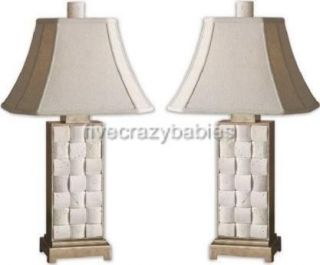   STONE White Table Lamp PAIR Set Marble Textured NEIMAN MARCUS Accent