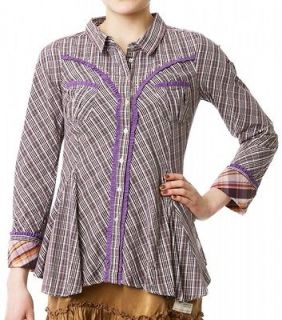 NEW ODD MOLLY 450 CHEQUE STUDDED COTTON SHIRT BLOUSE DRESS TOP BROWN 0 