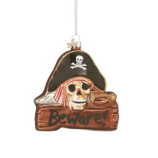 BEWARE PIRATE SKULL Glass Ornament Halloween New with Glitter Accents