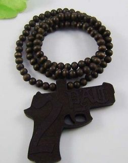 1p Brown 2PAC Gun Pendant Ball Beaded Chain Wooden Beads Rosary 