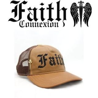   %Auth New Faith Connexion Camel Leahter Black Letter Trucker Hat Cap