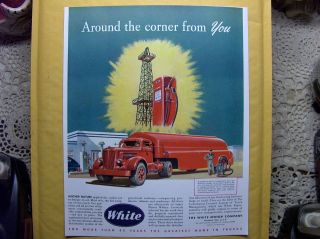   Ad Print White Fuel Tanker Truck Gasoline Pump Oil Well Americana Art