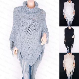 new fringes turtleneck poncho cable knit sweater top