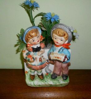 Vintage Boy Girl Planter Japan Accordian Children with hats lots of 
