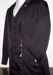 NEW ARRIVAL Stacy Adams Black w Red Pinstripe Vested Mens Suit Suits