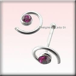   Nose Stud Bone Ring Tiny Spiral With Pink Gem Sterling Body Jewelry