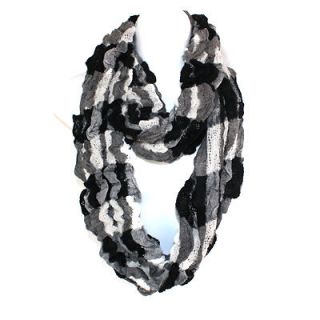 Infinity Loop Figure Eight Black White Mix Crinkled Wool Wrap Scarf 