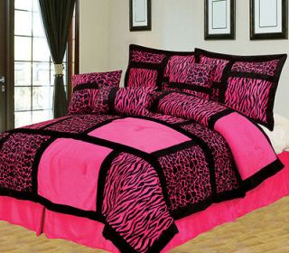 7Pcs King Safari Pink and Black Patchwork Micro Suede Comforter Set