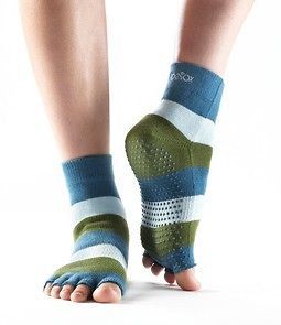 TOESOX Toe Sox Yoga Pilates Sock 1/2 Toe GREEN BLUE STRIPE w GRIPS