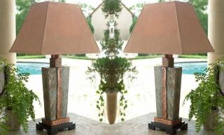   and COPPER Table LAMP PAIR Set Indoor Outdoor Patio Art Deco Horchow