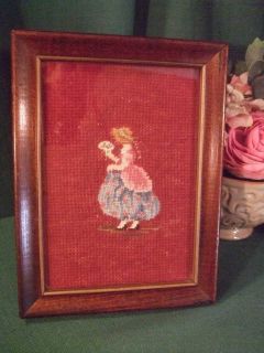 Antique Victorian Women Old Petit Point Needlepoint Framed A+