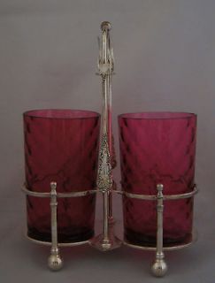 1880s Silverplate & Cranberry Pickle castor w/forks no visible 