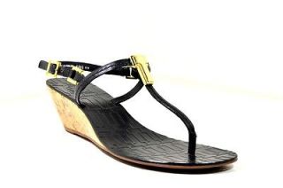 Tory Burch Pauline Demi Black Leather T Logo Wedge Sandal Thong Shoes 