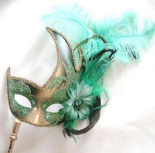   CARNIVAL on a Stick Venetian Mask Costume GREEN & GOLD Hand held
