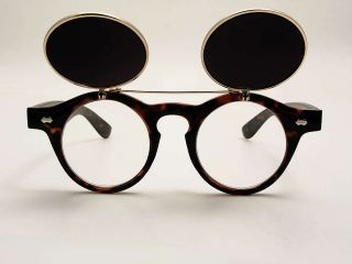 Vintage Style Mens Womens Flip Up Round Steampunk Sunglasses Brown 