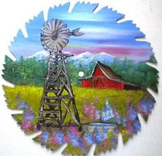 Hand Painted Saw Blade Art Mountain Spring Windmill and Red Barn