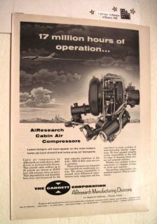 Vintage image of Cabin Air Compressor by AiResearch Mfg 1957 Print Ad