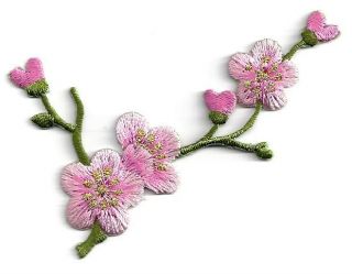 Flowers/Quince Flowering Brach, Pink w/Gold/Iron On Embroidered 