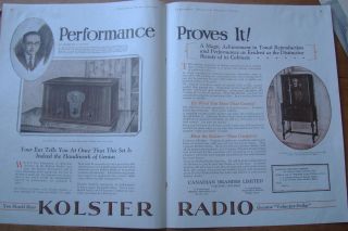 1927 CANADIAN KOLSTER RADIO 2 PAGE AD CANADA MODELS 6 D AND 6 G 