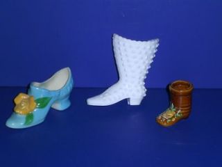 Vintage Shoe Boot Figurines Japan Ceramic/FENTON Hobnail Milk Glass 