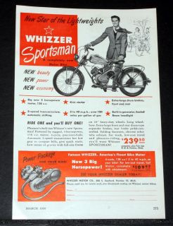 1950 OLD MAGAZINE PRINT AD, WHIZZER SPORTSMAN, A COMPLETELY NEW MOTOR 