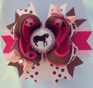 BROWN HORSE SILHOUETTE LAYERED HAIR BOW bottle caps PINK boutique 