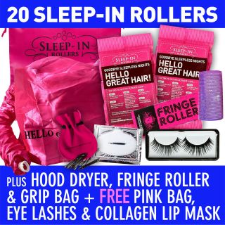 20 SLEEP IN ROLLERS + HOOD + FRINGE ROLLER + KIRBY GRIPS +FREE LASHES 