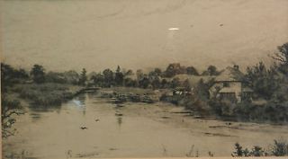   Antique Etching   Village on Marsh by Fred Slocombe in Frame 1884