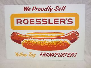 Vintage ROESSLERS Yellow Tag FRANKFURTERS Sign   Original Connecticut 