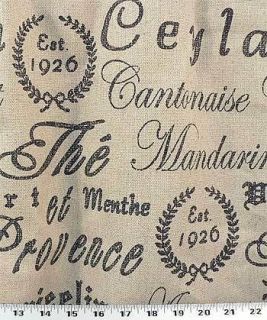 drapery upholstery fabric french script on rustic linen time left