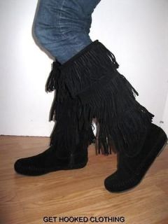 mid calf tall MOCCASIN 3 triple layer FRINGE sueded BOOTS black NEW 