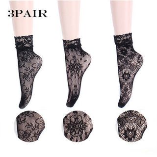 3pair sexy lace ankle fashion ruffle socks black